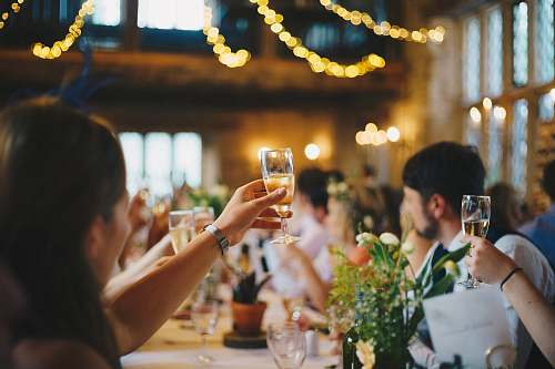 human people raising wine glass in selective focus photography people