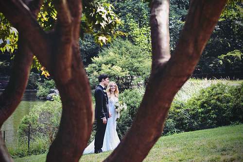 person man and woman standing on grass field near tree wedding day