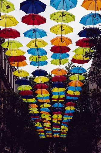 canopy umbrellas hanged in between two white buildings at daytime umbrella