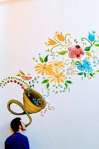 graphics yellow, green, and blue petaled flower grafiti pattern