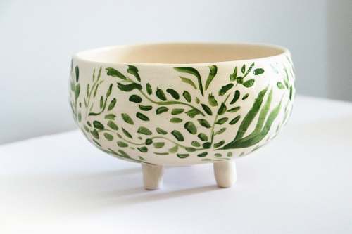art footed white and green floral bowl bowl