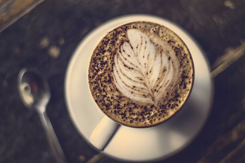 beige coffee with feather art near spoon