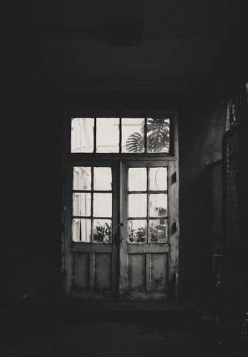 door grayscale photo of wooden framed clear glass door window