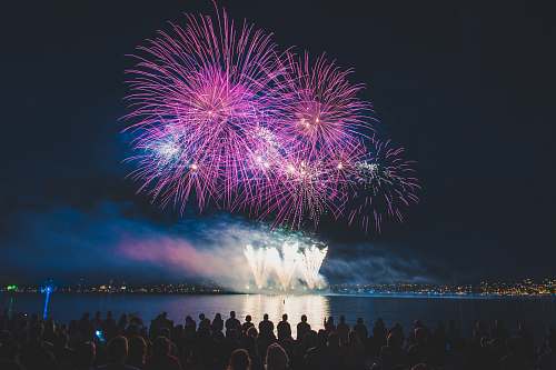 outdoors crowded people watching fireworks at night nature